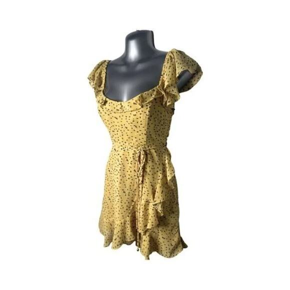Here Comes The Sun Yellow & Brown Polka Dot Ruffled Mini Dress Size Small - Picture 2 of 10